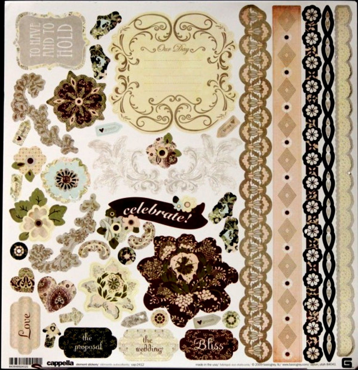 Basic Grey Cappella Element 12"x 12.25" Sticker Sheet - SCRAPBOOKFARE
