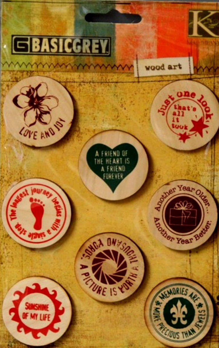 K & Company Basic Grey Wood Art Wooden Nickels Embellishment Pack - SCRAPBOOKFARE