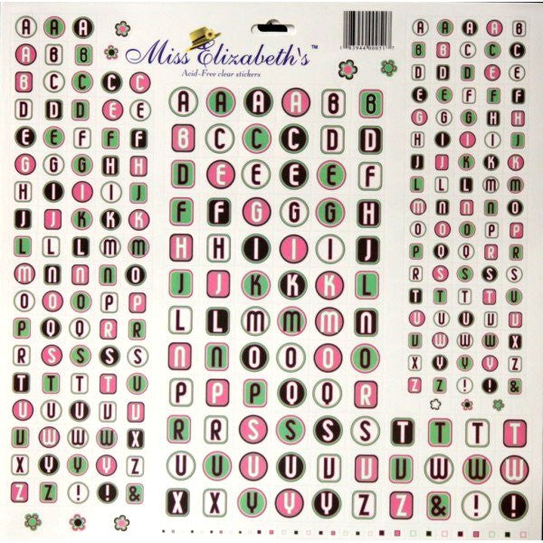 Miss Elizabeth's 12 x 12 Pink, Brown, White & Green Alphabets Clear Stickers Sheet - SCRAPBOOKFARE