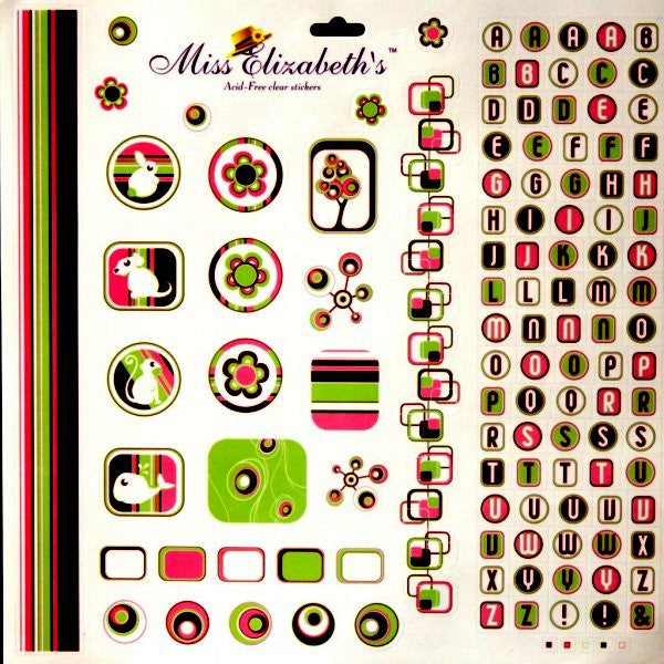 Miss Elizabeth's 12 x 12 Pink, Green, Brown & White Mixed Media Alphabets & Icons Clear Stickers Sheet - SCRAPBOOKFARE