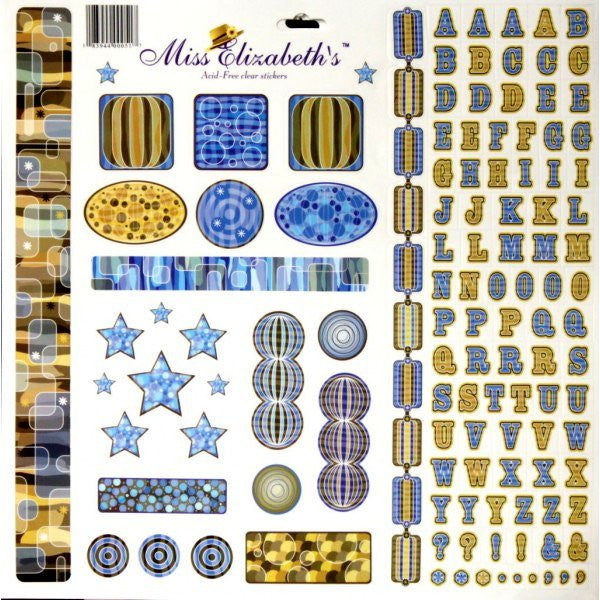 Miss Elizabeth's 12 x 12 Blue, Beige & Brown Mixed Media Alphabets & Icons Clear Stickers Sheet - SCRAPBOOKFARE