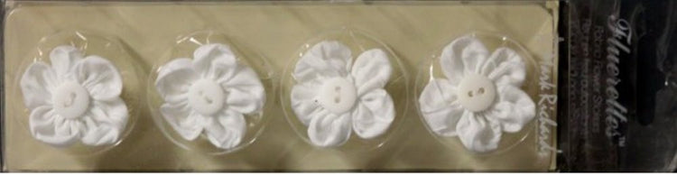Mark Richards White/Button Fluerettes Fabric Flowers Stickers - SCRAPBOOKFARE