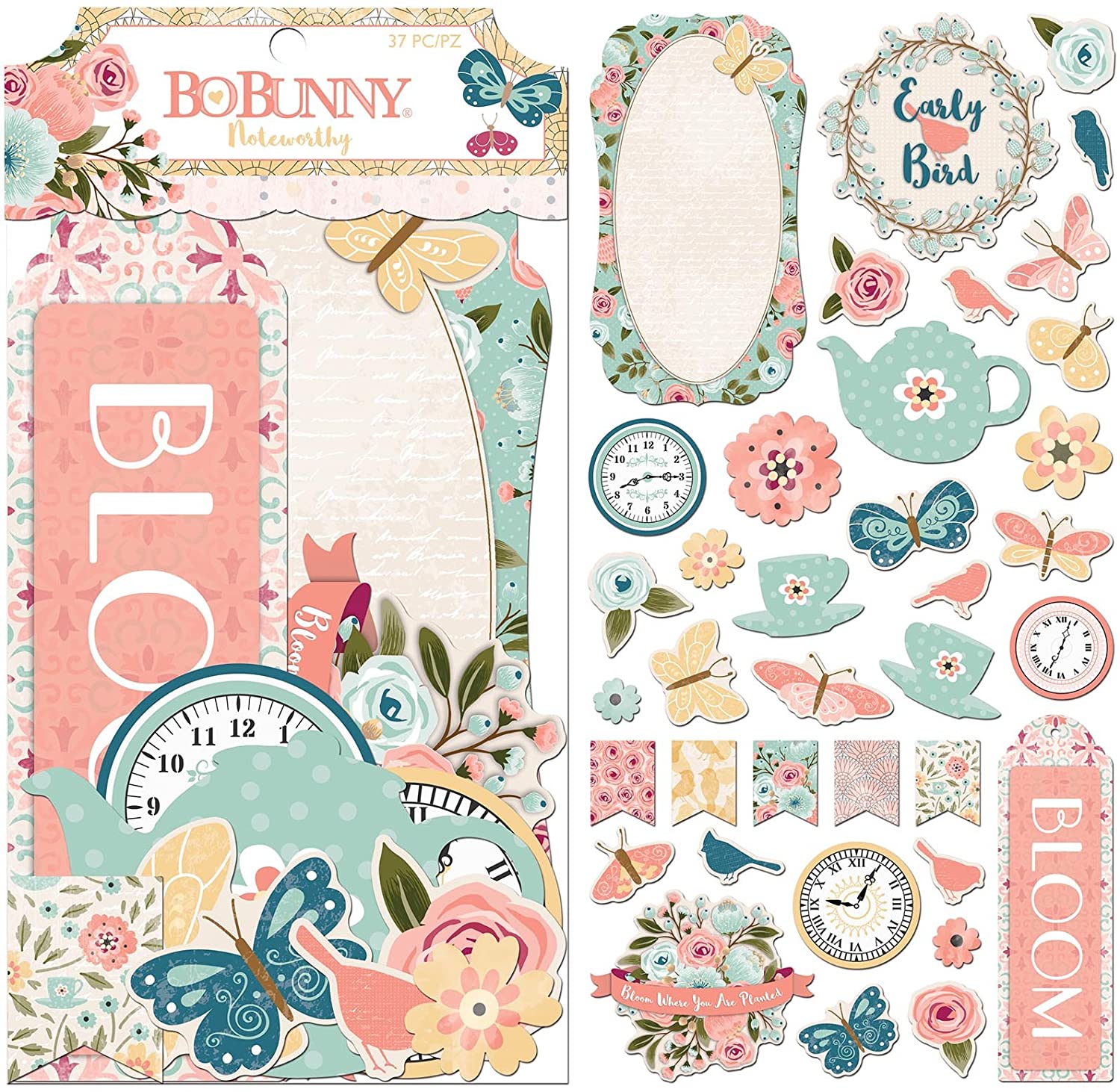 BoBunny Noteworthy Early Bird 37 Piece Ephemera Die-cut Embellishments