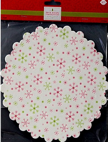 Holiday Inspirations Medium Round Scalloped Red And Green Snowflakes Tin Liners Paper Doilies - SCRAPBOOKFARE