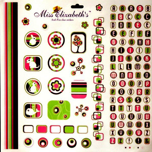 Miss Elizabeth's 12 x 12  Pink, Green, Brown & White Mixed Media Alphabets & Icons Clear Stickers Sheet - SCRAPBOOKFARE