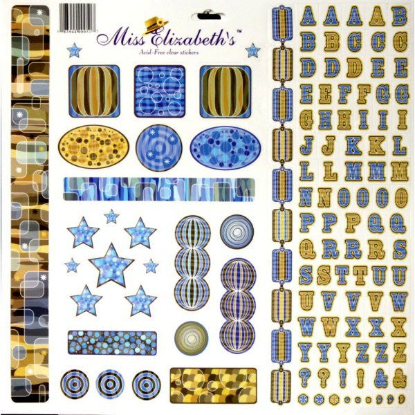 Miss Elizabeth's 12 x 12  Blue, Beige & Brown Mixed Media Alphabets & Icons Clear Stickers Sheet - SCRAPBOOKFARE