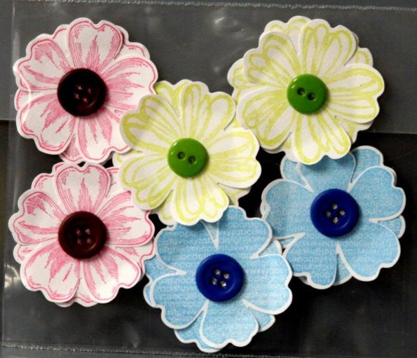 Handmade Blue, Lime & Pink Button Flowers Embellishments - SCRAPBOOKFARE