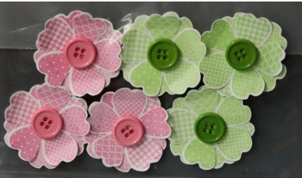 Handmade Pink & Green Button Flowers Embellishments - SCRAPBOOKFARE