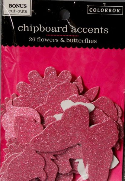 Colorbok Pink Glitter Chipboard Flowers & Butterflies Accents Embellishments - SCRAPBOOKFARE