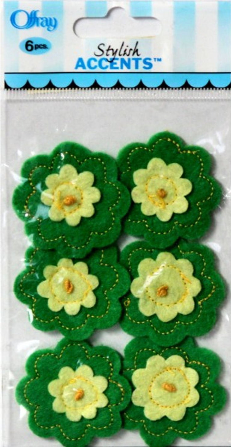 Offray Stylish Accents Green & Yellow Stitched Flowers Embellishments - SCRAPBOOKFARE
