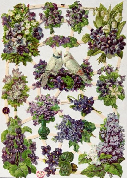 Vintage Purple Flowers Ges Gesch EF German Glittered Die-cuts