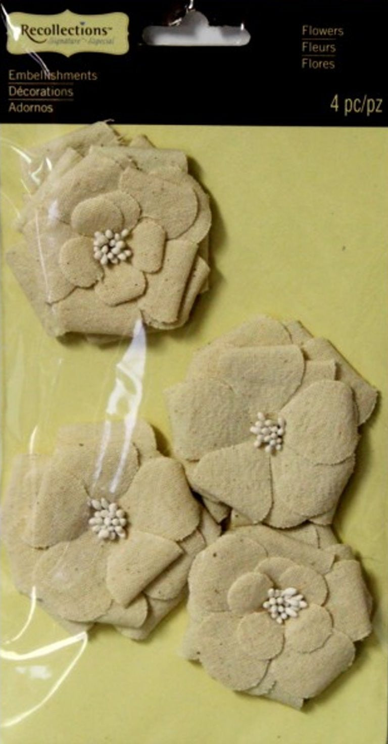 Recollections Handmade Tan Linen Adhesive Flowers Embellishments - SCRAPBOOKFARE