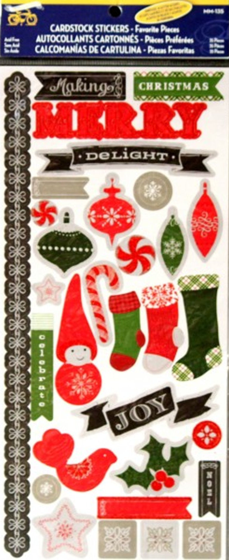 Little Yellow Bicycle Embossed Christmas Glitter Cardstock Stickers - SCRAPBOOKFARE