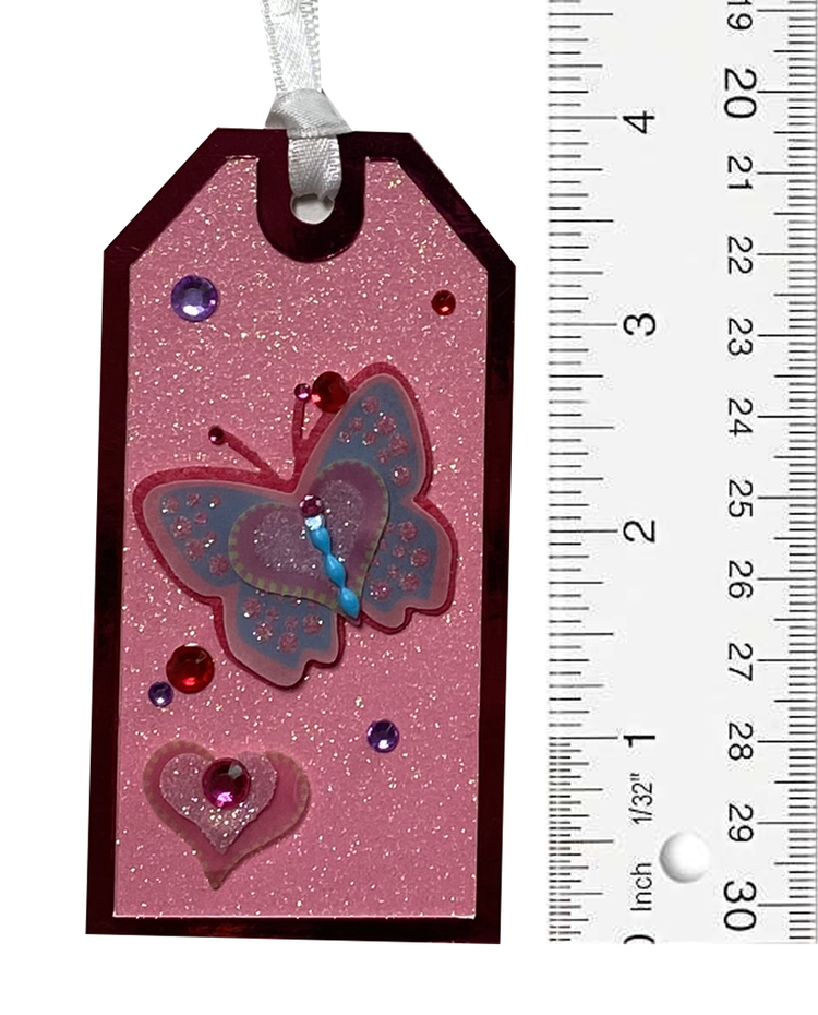 T & H Creations Handmade Dimensional Pink Glitter Butterfly Tag