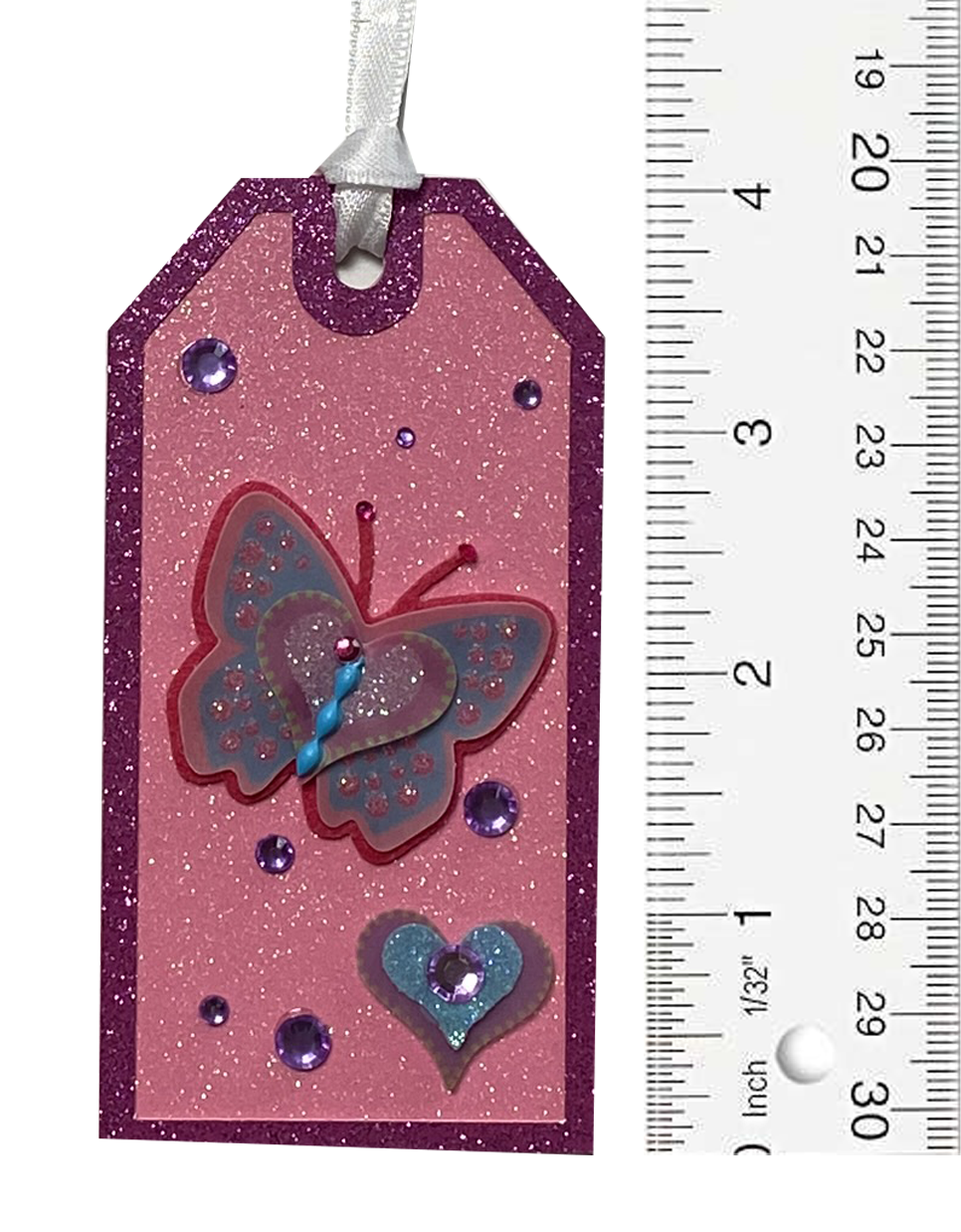 T & H Creations Handmade Dimensional Pink Glitter Butterfly Tag