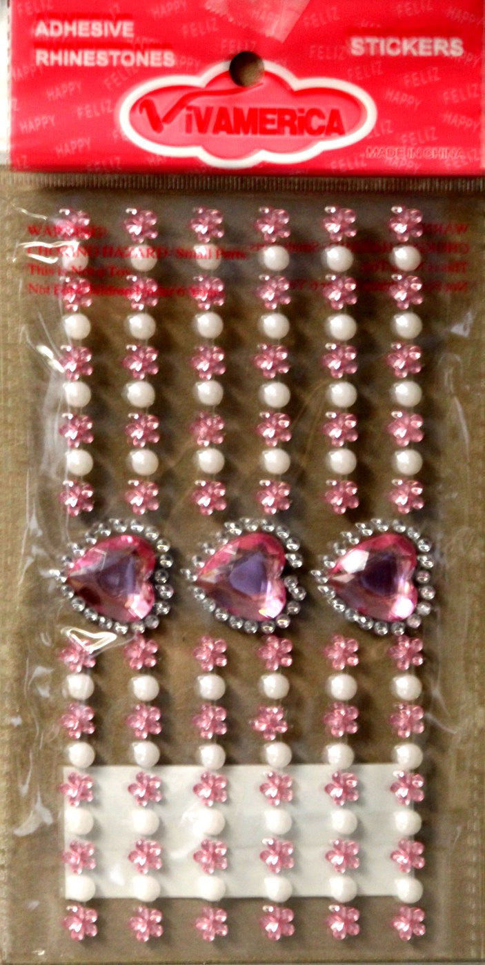 Vivamerica Self-Adhesive Pink Hearts Rhinestone & White Pearl Embellishments