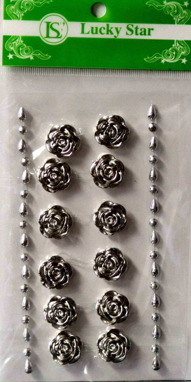 Lucky Star Large Silver Roses and Silver Half-Pearl Gem Self-Adhesive Stickers