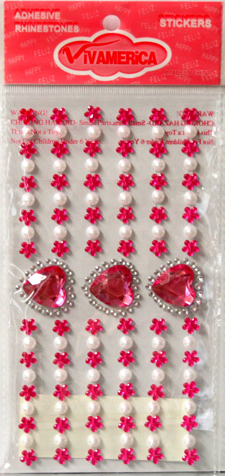 Vivamerica Self-Adhesive Hot Pink Hearts Rhinestone & White Pearl Embellishments