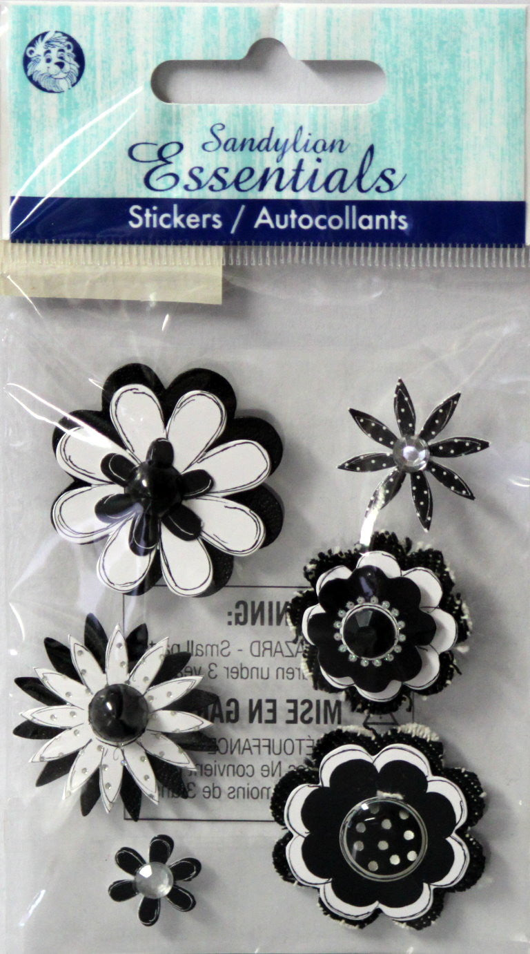 Sandylion Essentials Black Sketch Flowers Dimensional Scrapbook Stickers - SCRAPBOOKFARE