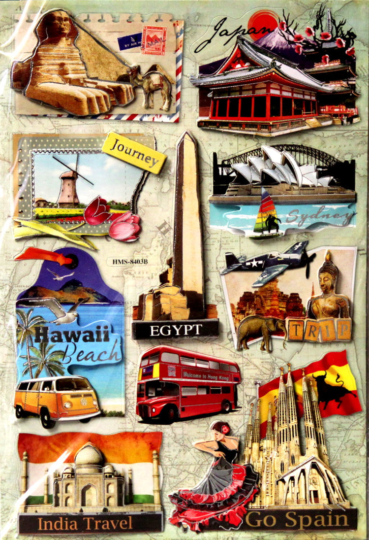 Premium World Travel & Destination Dimensional 3-D Metallic Scrapbook Stickers
