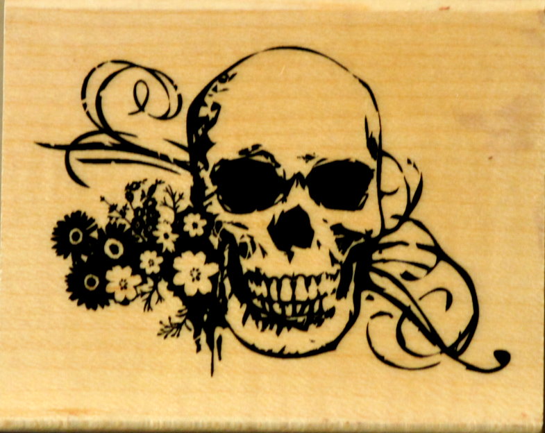 INKADINKADOO Skull With Flowers & Flourish Wood Mounted Rubber Stamp