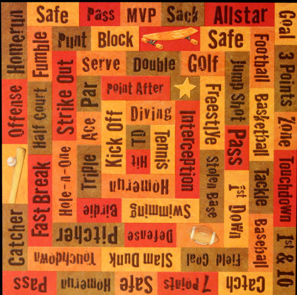 K & Company Tim Coffey 12 x 12 Sports Words Embossed Printed Scrapbook Paper - SCRAPBOOKFARE