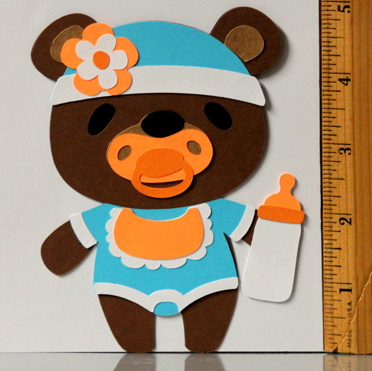T & H Creations Handmade Baby Girl Blue Bear Multi-Layered Die-cut Embellishment