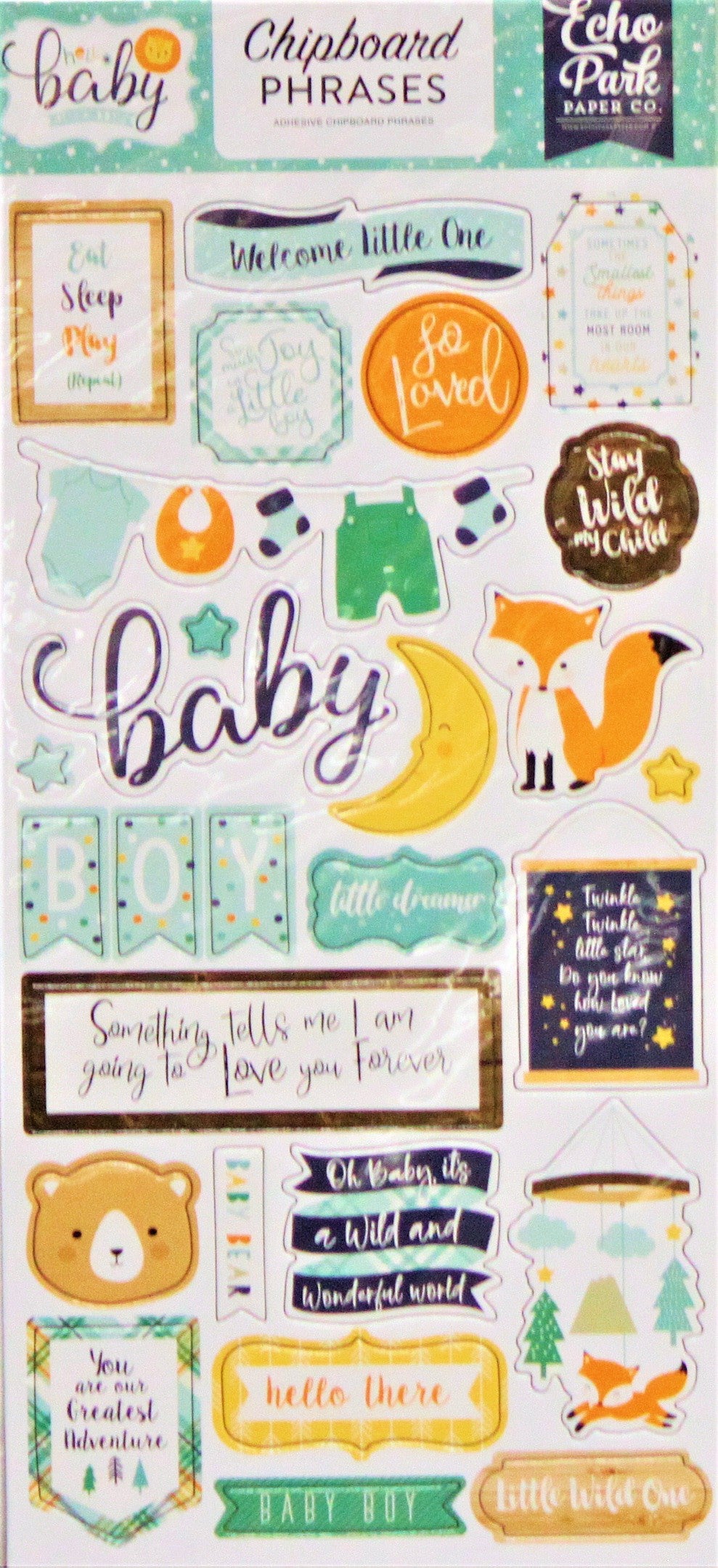 Echo Park It's A Boy Chipboard Phrases Stickers