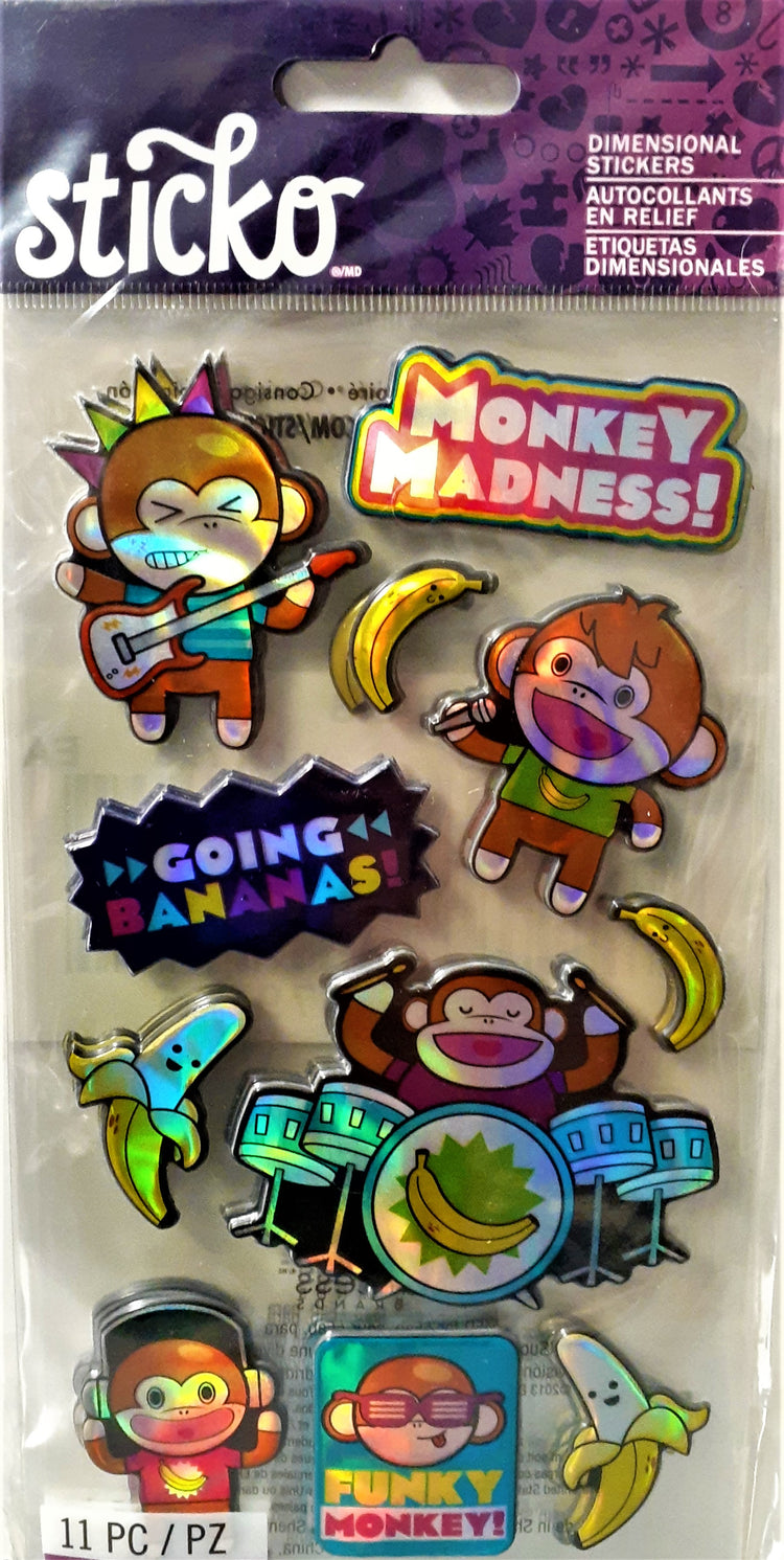 Sticko Monkey Musicians Puffy Metallic Dimensional Stickers