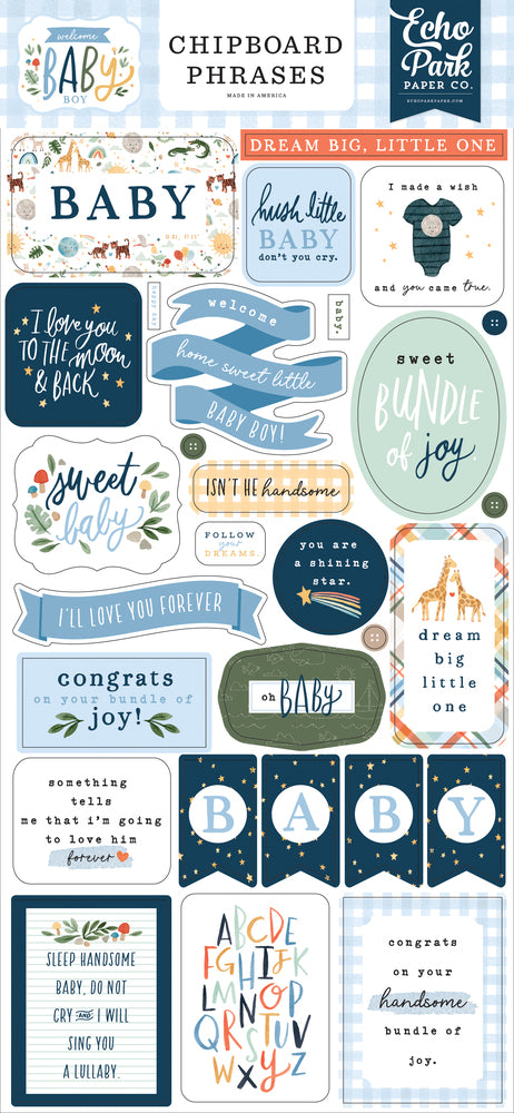 Echo Park Welcome Baby Boy Chipboard Phrases Stickers