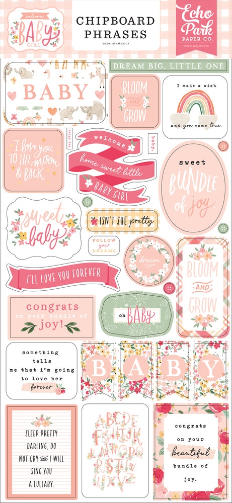 Echo Park Welcome Baby Girl Chipboard Phrases Stickers
