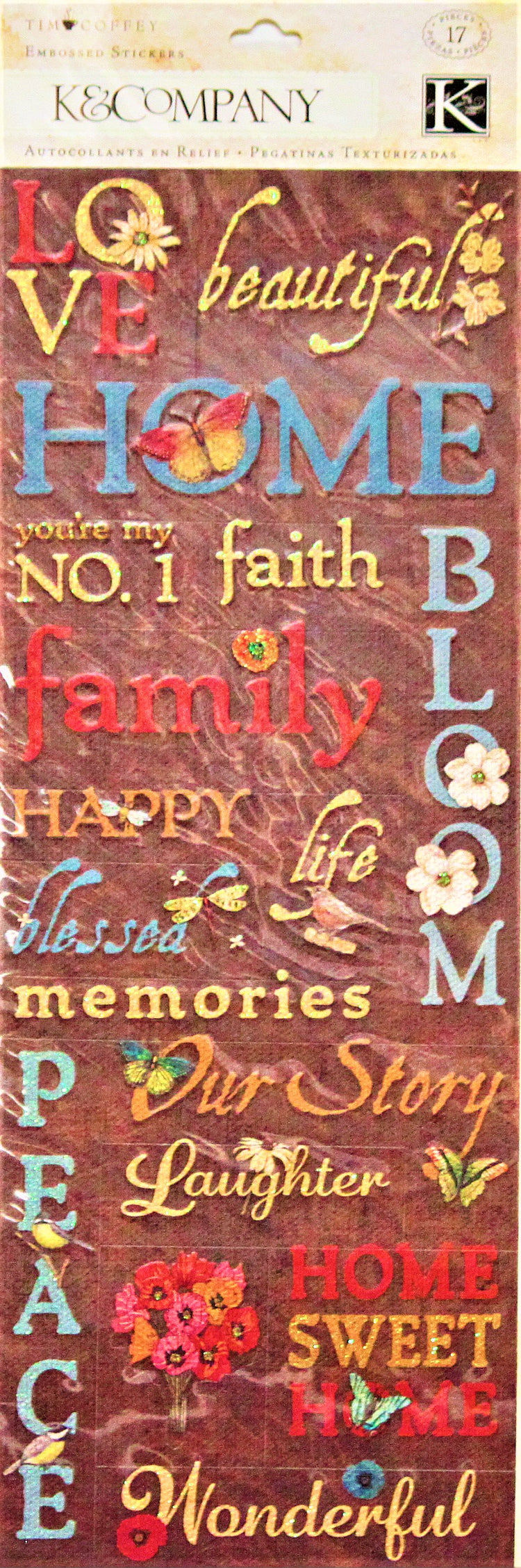 K & Company Tim Coffey Blossom Wood Words Embossed Stickers